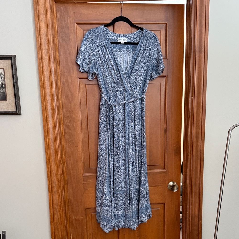 Blue Patterned  faux Wrap Dress